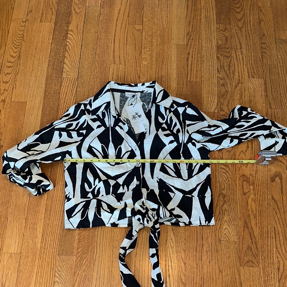 Rachel Zoe Black and White Leaf Print 3 piece top pants and belt size large 🖤🌴